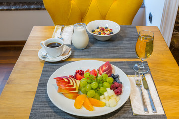 Breakfast served on hotel restaurant table