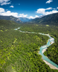 Panoramic nature mountains landscape in the summer day. Aerial drone view from above