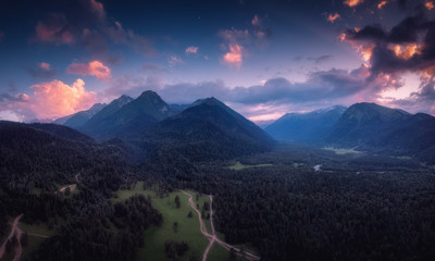 Panoramic nature mountains landscape in the sunset. Aerial drone view from above