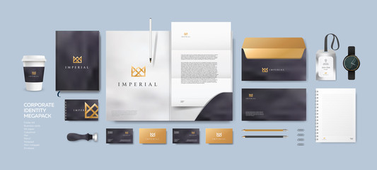 Corporate identity premium branding design. Stationery mockup vector megapack set. Template for business or finance company. Folder and A4 letter, visiting card and envelope based on modern gold logo. - obrazy, fototapety, plakaty