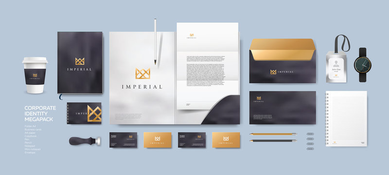 Corporate identity premium branding design. Stationery mockup vector megapack set. Template for business or finance company. Folder and A4 letter, visiting card and envelope based on modern gold logo.