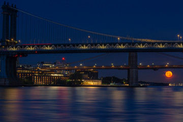 Fototapeta na wymiar Manhattan and Brooklyn bridge with full moon set 