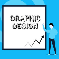 Conceptual hand writing showing Graphic Design. Concept meaning art or skill of combining text and pictures in advertisements Man standing pointing up blank rectangle Geometric background