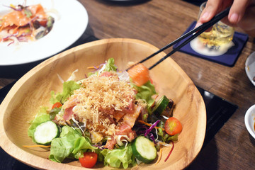 kaizen salad,sashimi salmon salad with vegetables delicious japanese food