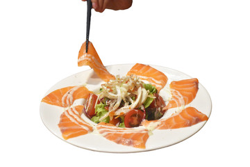 Sashimi salmon salad with vegetables Japanese food style on white background