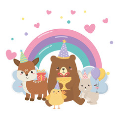 Bear reindeer rabbit and chicken with happy birthday icon design