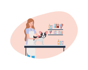 young woman with dog in pet groomer