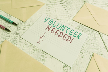Word writing text Volunteer Needed. Business photo showcasing asking demonstrating to work for organization without being paid Envelopes highlighters ruled paper sheet wooden retro vintage background
