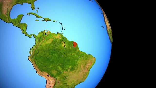 Closing in on French Guiana on political 3D globe with topography. 3D illustration.