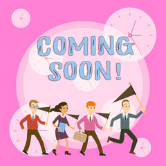 Writing note showing Coming Soon. Business concept for event or action that will happen after really short time Crowd Flags Headed by Leader Running Demonstration Meeting