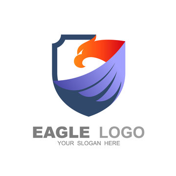 eagle logo abstract design vector template shield shape, falcon hawk bird protect defense logotype USA concept icon