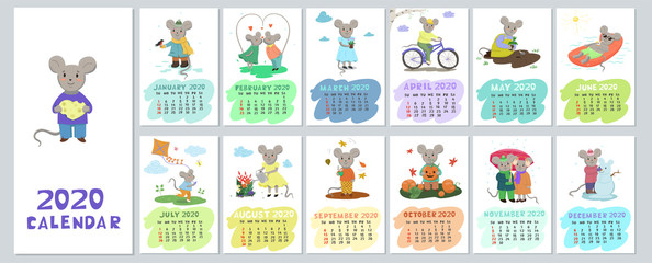 Obraz premium Calendar 2020 with cute cartoony mice. Vector graphics.