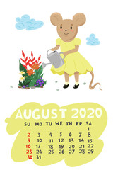 Calendar for August 2020 with a mouse watering flowers. Vector graphics.