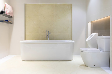 Fototapeta na wymiar Beautiful luxury white modern bathtub decoration in bathroom interior