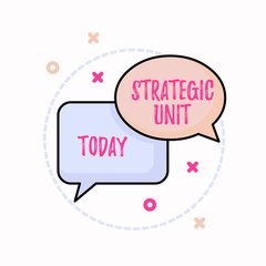 Conceptual hand writing showing Strategic Unit. Concept meaning profit center focused on product offering and market segment. Pair of Overlapping Bubbles of Oval and Rectangular Shape