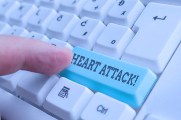 Conceptual hand writing showing Heart Attack. Concept meaning sudden occurrence of coronary thrombosis resulting in death White pc keyboard with note paper above the white background