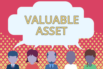Word writing text Valuable Asset. Business photo showcasing Your most valuable asset is your ability or capacity Five different races persons sharing blank speech bubble. People talking