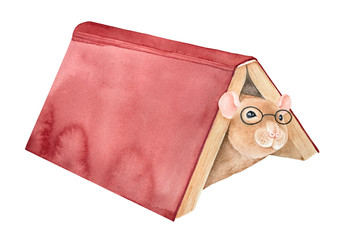 Cute little brown mouse character wearing black reading eyeglasses under opened book with old artistic cover. Hand painted watercolour graphic drawing, cutout element for creative design decoration.