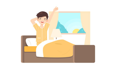 man character get up on bed room in the morning