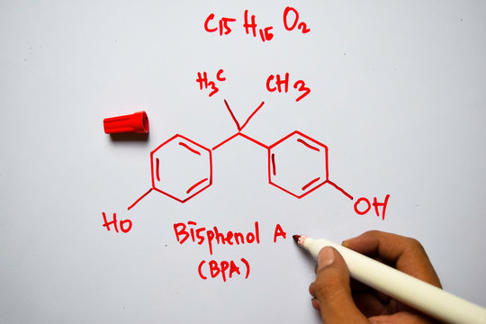Bisphenol A - BPA (C15,H16,O2) molecule written on the white board. Structural chemical formula. Education concept