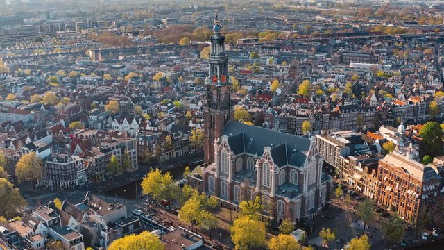 Amsterdam, Netherlands: flying around Westerkerk church in the center city