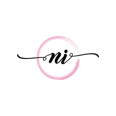NI initial handwriting logo template. round logo in watercolor color with handwritten letters in the middle. Handwritten logos are used for, weddings, fashion, jewelry, boutiques and business
