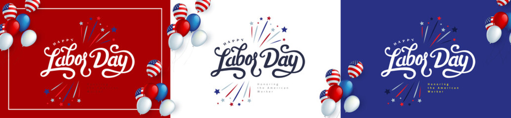 Happy labor day hand lettering background banner template decor with balloon flag of america .Vector illustration . - obrazy, fototapety, plakaty