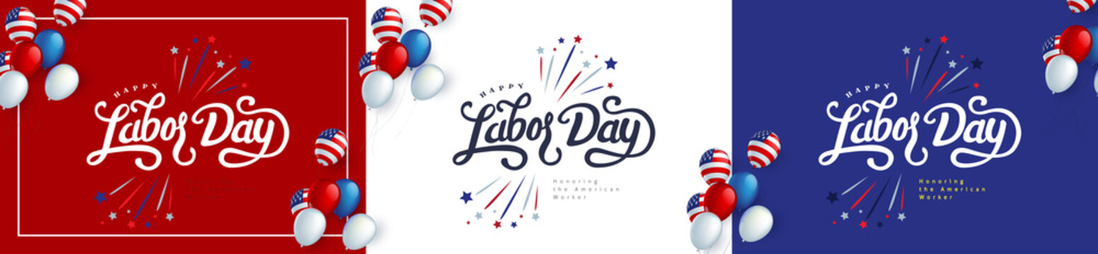 Happy labor day hand lettering background banner template decor with balloon flag of america .Vector illustration .