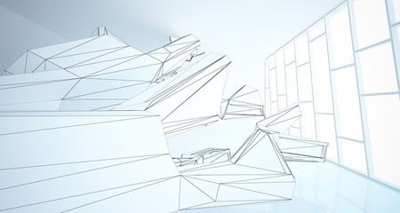 Abstract architectural white interior of a minimalist house with large windows. Drawing. 3D illustration and rendering.