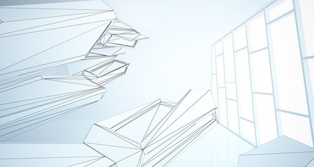 Abstract architectural white interior of a minimalist house with large windows. Drawing. 3D illustration and rendering.