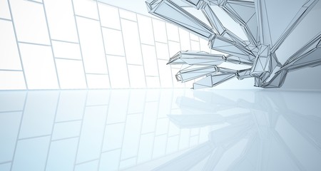Abstract architectural white interior of a minimalist house with large windows. Drawing. 3D illustration and rendering.