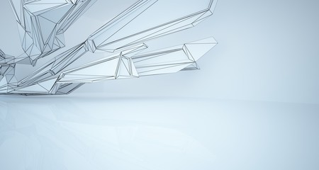 Abstract architectural white interior of a minimalist house with large windows. Drawing. 3D illustration and rendering.