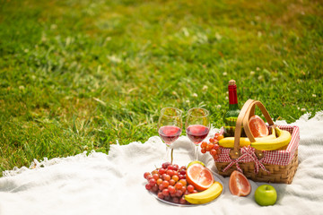 Picnic, outdoor recreation with space. Summer and mood. Weekend and vacation, solarium mood.
