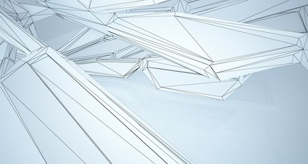 Abstract architectural white interior of a minimalist house with large windows. Drawing. 3D illustration and rendering.