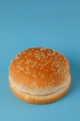 Burger bun empty isolated. American food classic round burger bread isolated on a blue background. Grilled burger bun top.