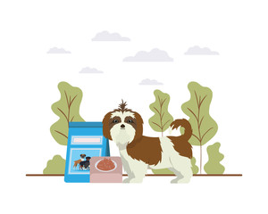 Obraz na płótnie Canvas dog with bowl and pet food on landscape