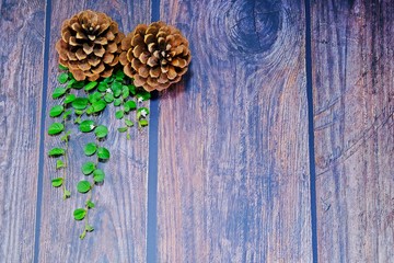 Pine cones on wooden background decorated with green little leaves with space on the right.