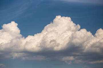Cumuliform cloudscape on sky. Panorama. Fantastic skies on the planet earth. The sun is hidden. Leaden, storm clouds covered the sunset. Tragic gloomy sky.
