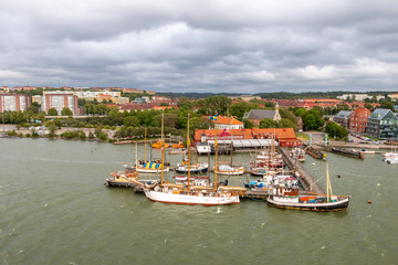 Gothenburg a beautiful city in Sweden, a view from the river Gota Alv on the shore line with boats and nice buildings