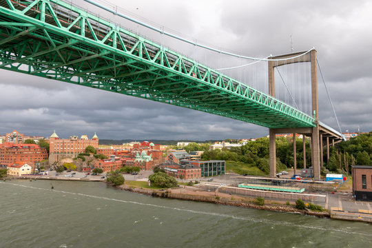 Gothenburg a city in Sweden, with a view on the beautiful green bridge called " Älvsborg bridge". The bridge was painted green in 1993 before the world-championship  athletics