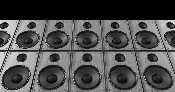 Vintage Cabinet Speakers Playing Music On A Concert Stage. Endless Loop. Music And Entertainment Related 3D Animation.