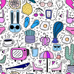 Doodle Cartoon Seamless Pattern Background For Kid. Vector illustration for fabric and gift wrap paper design.