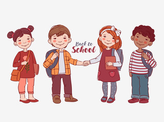 Cute kids holding hands. Back to school vector concept. Happy boys and girls with books