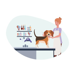 young woman with dog in pet groomer