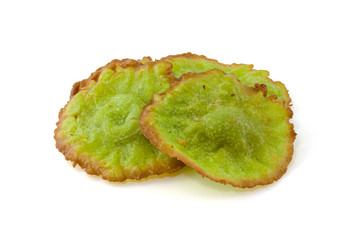 Siam Pandan Thai dessert , Deep fried rice flour pandan flavour ,Thai pancak isolated on the white background
