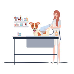 young woman with dog in pet groomer