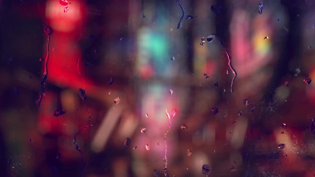 Raindrops fall through the glass, the camera moves. In the background, neon lights of a big city, Tokyo, London, Seoul, New York. 3d rendering, animation, wallpaper, texture