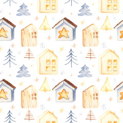 Watercolor seamless winter christmas hygge pattern with christmas trees White background