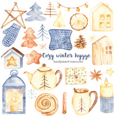 Watercolor set clipart cozy winter hygge. Candle, cone, cookies, garlands, gifts, wooden houses, lantern, mittens, teapot