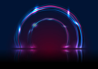 Blue and ultraviolet neon laser circles with reflection. Abstract rings technology retro background. Futuristic glowing electric graphic design. Modern vector illustration